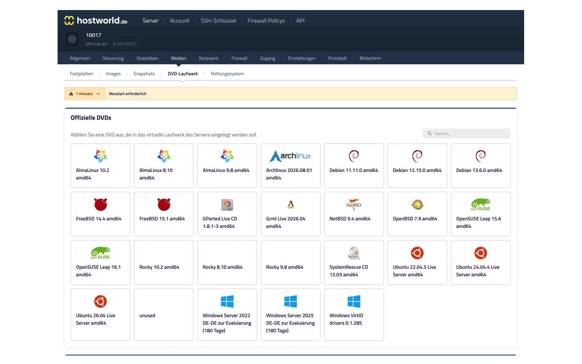 Selection of official ISO images in the Server Control Panel, including Linux distributions, GParted, SystemRescue, and Windows Server 2022 and 2025 for evaluation