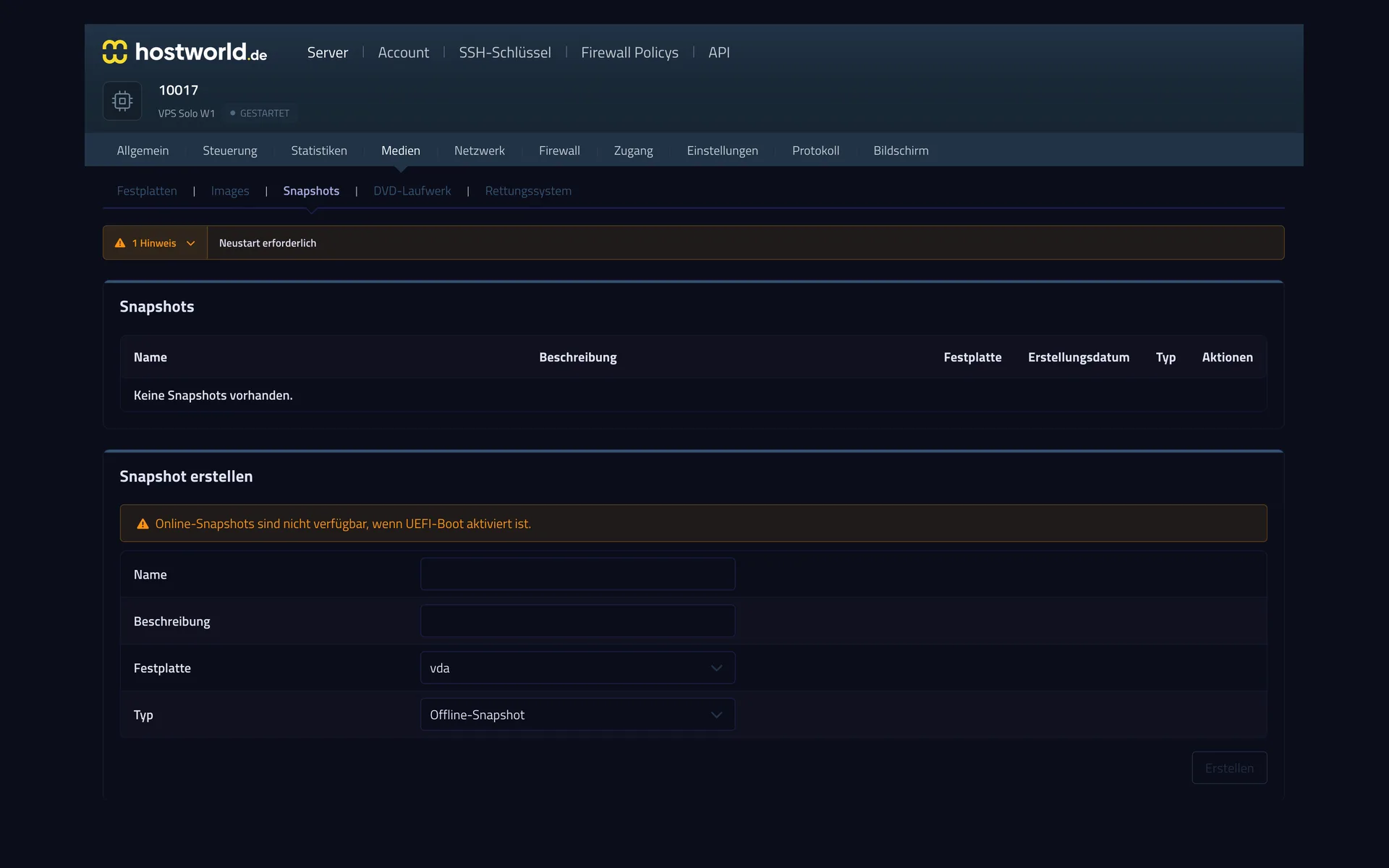 Snapshot-Verwaltung im Server Control Panel mit der Liste vorhandener Snapshots und dem Formular zum Anlegen eines neuen Snapshots