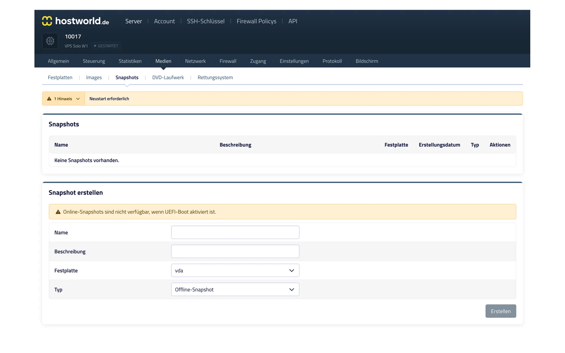 Snapshot-Verwaltung im Server Control Panel mit der Liste vorhandener Snapshots und dem Formular zum Anlegen eines neuen Snapshots