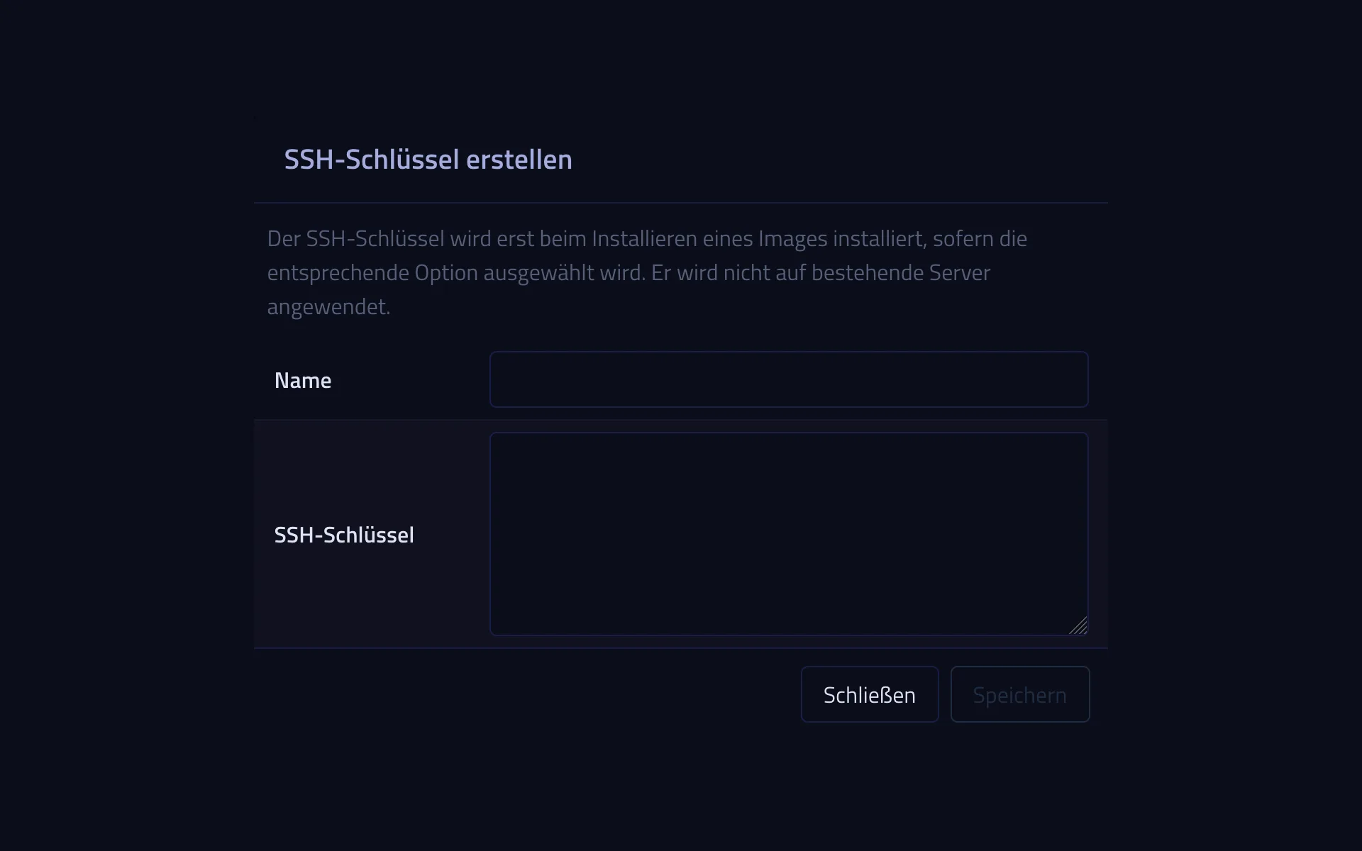 Dialog for storing an SSH key in the Server Control Panel with fields for the name and the public key