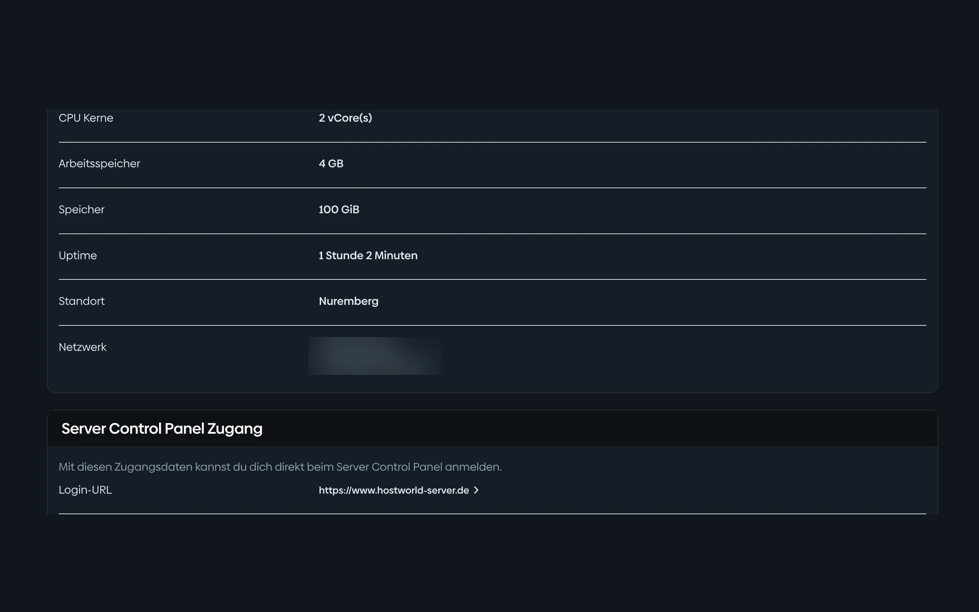 Übersicht eines virtuellen Servers im Kundenmenü mit CPU-Kernen, Arbeitsspeicher, Speicher, Standort, IP-Adressen und den Zugangsdaten für das Server Control Panel