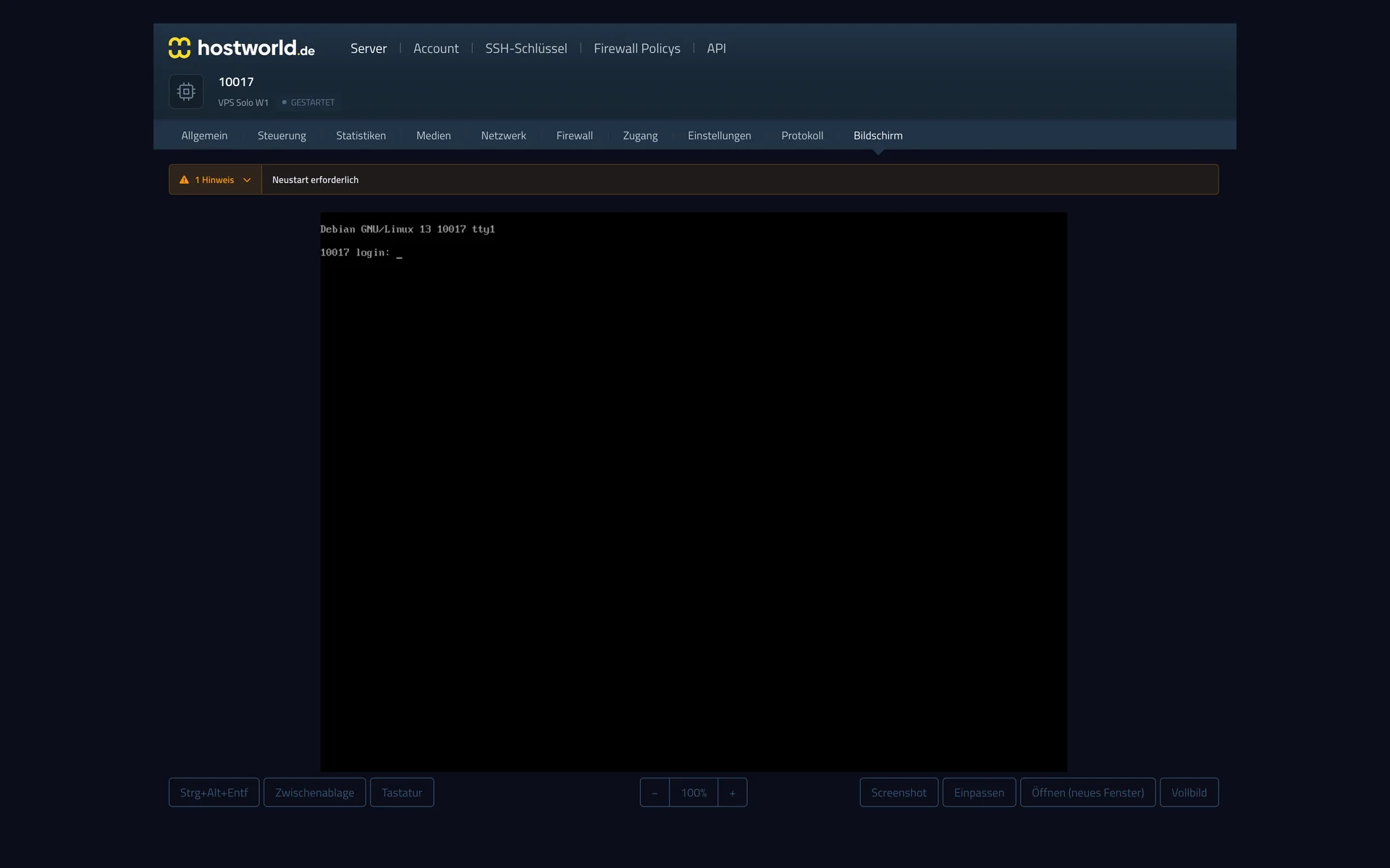 Webkonsole im Server Control Panel mit dem Anmeldebildschirm des laufenden Betriebssystems und Schaltflächen für Strg-Alt-Entf, Screenshot und Vollbild