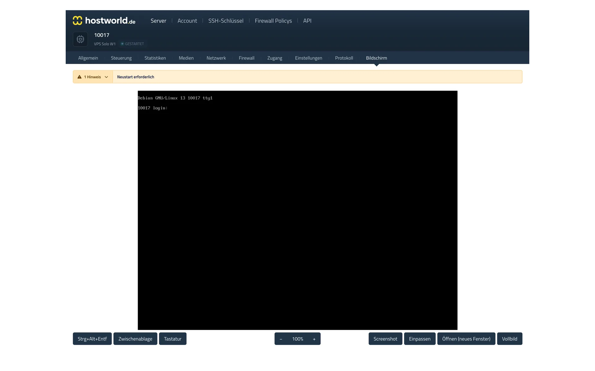 Webkonsole im Server Control Panel mit dem Anmeldebildschirm des laufenden Betriebssystems und Schaltflächen für Strg-Alt-Entf, Screenshot und Vollbild