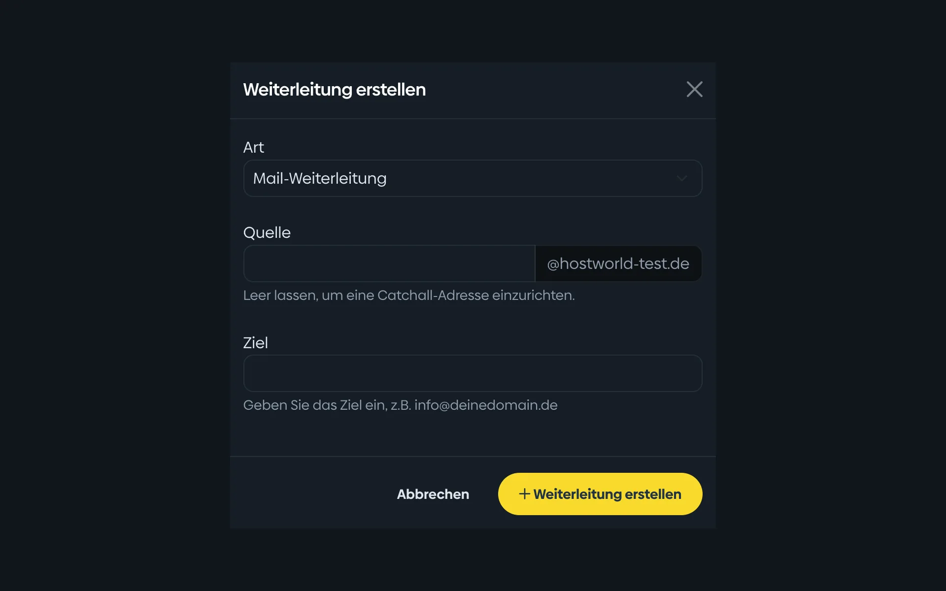 Dialog zum Anlegen einer Weiterleitung im Kundenmenü mit den Feldern Art, Quelle und Ziel