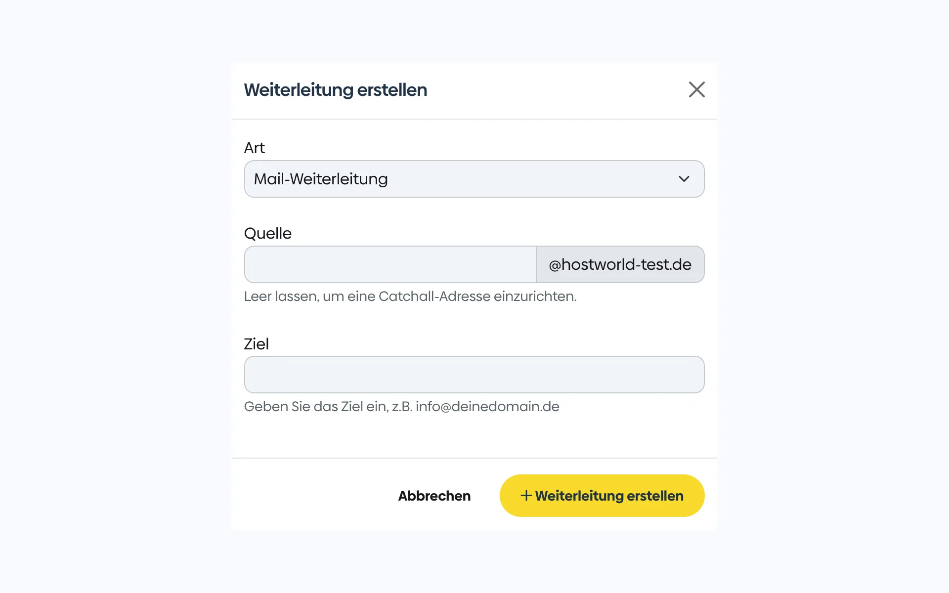 Dialog zum Anlegen einer Weiterleitung im Kundenmenü mit den Feldern Art, Quelle und Ziel
