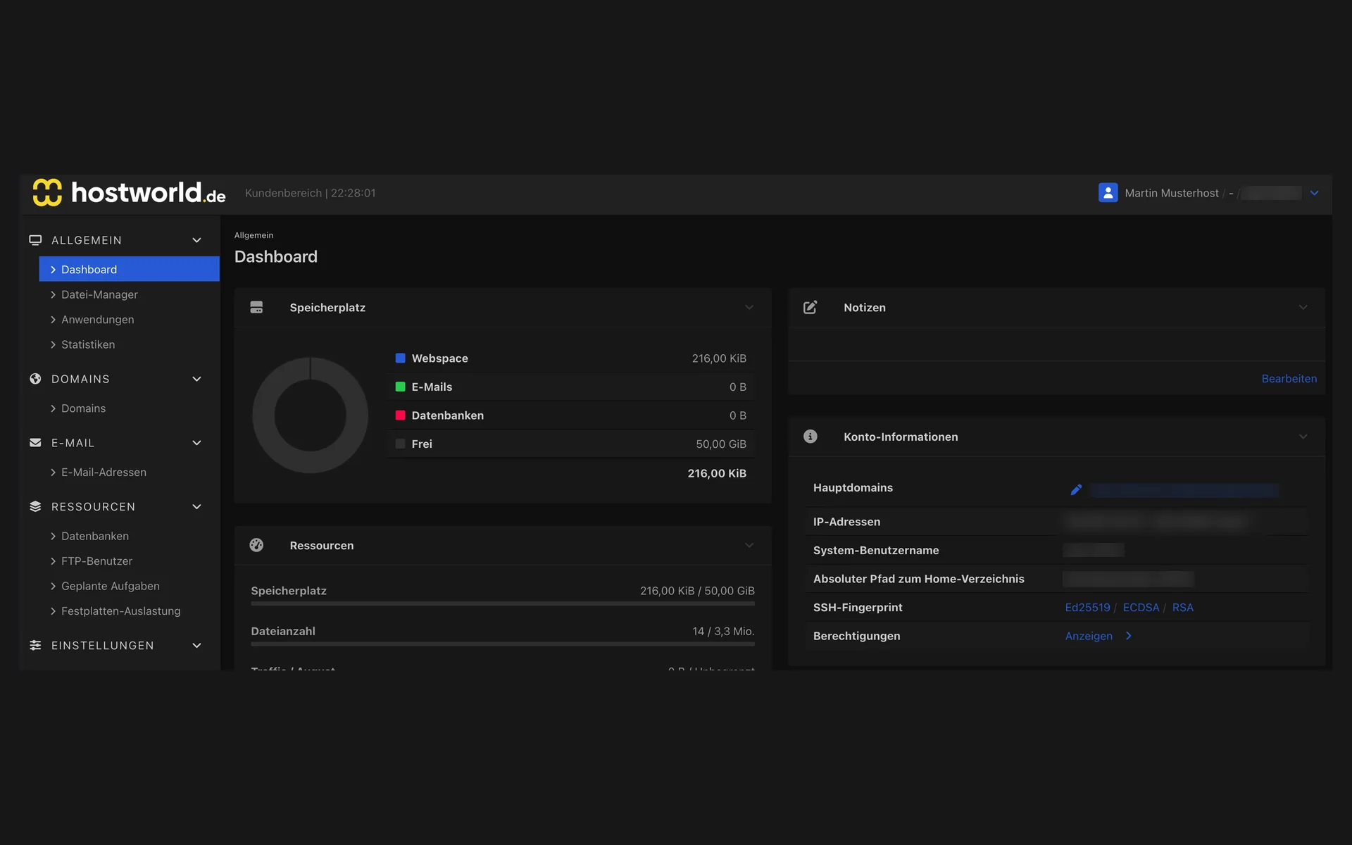 Startseite des Webinterface mit der Aufteilung des Speicherplatzes, der Ressourcen-Liste und den Konto-Informationen zur Hauptdomain