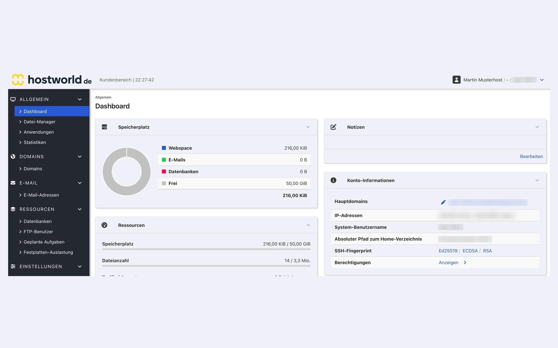 Startseite des Webinterface mit der Aufteilung des Speicherplatzes, der Ressourcen-Liste und den Konto-Informationen zur Hauptdomain