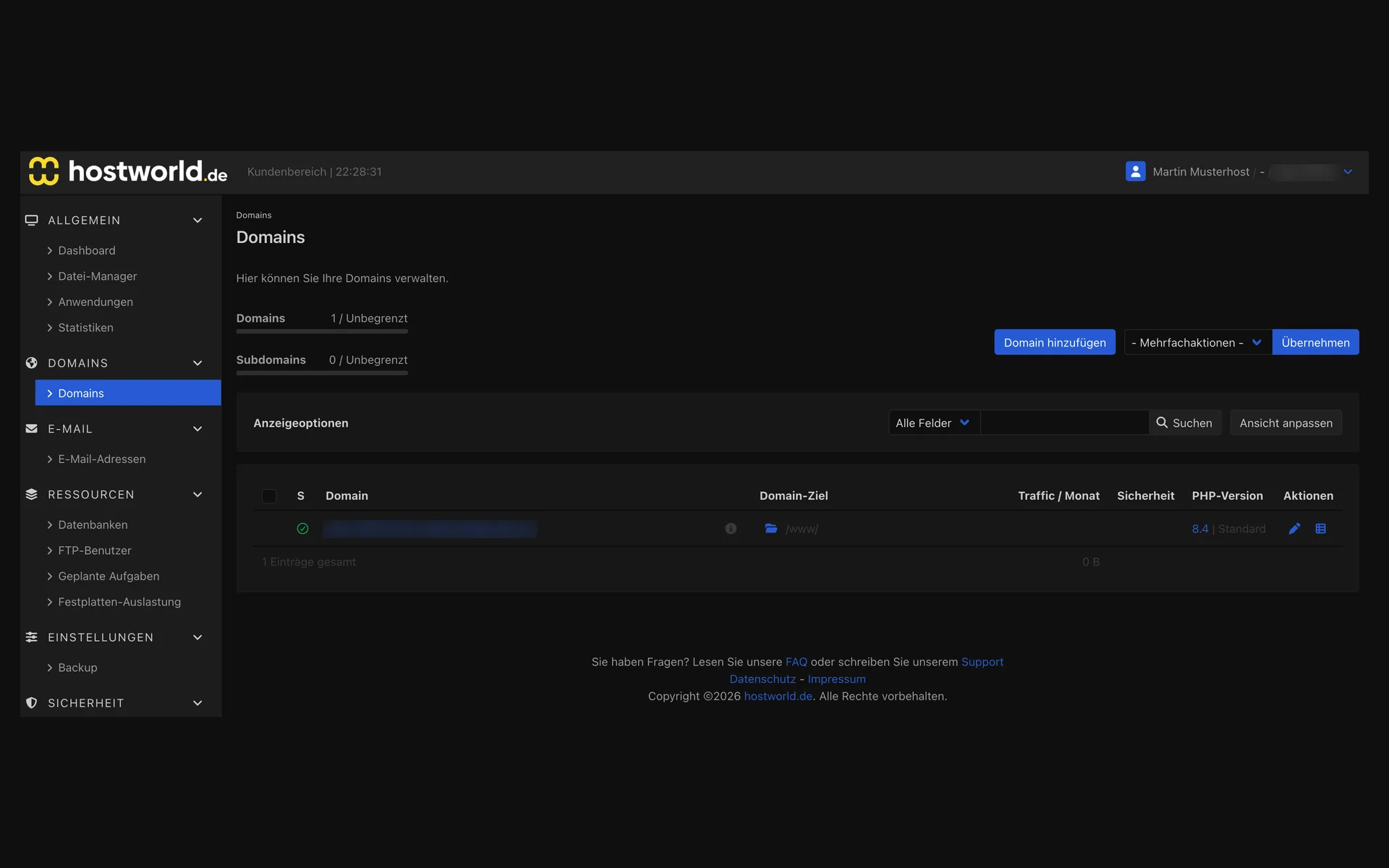Domain-Übersicht im Webinterface mit Domainname, Domain-Ziel, Traffic, Sicherheitsstatus, PHP-Version und Aktionen