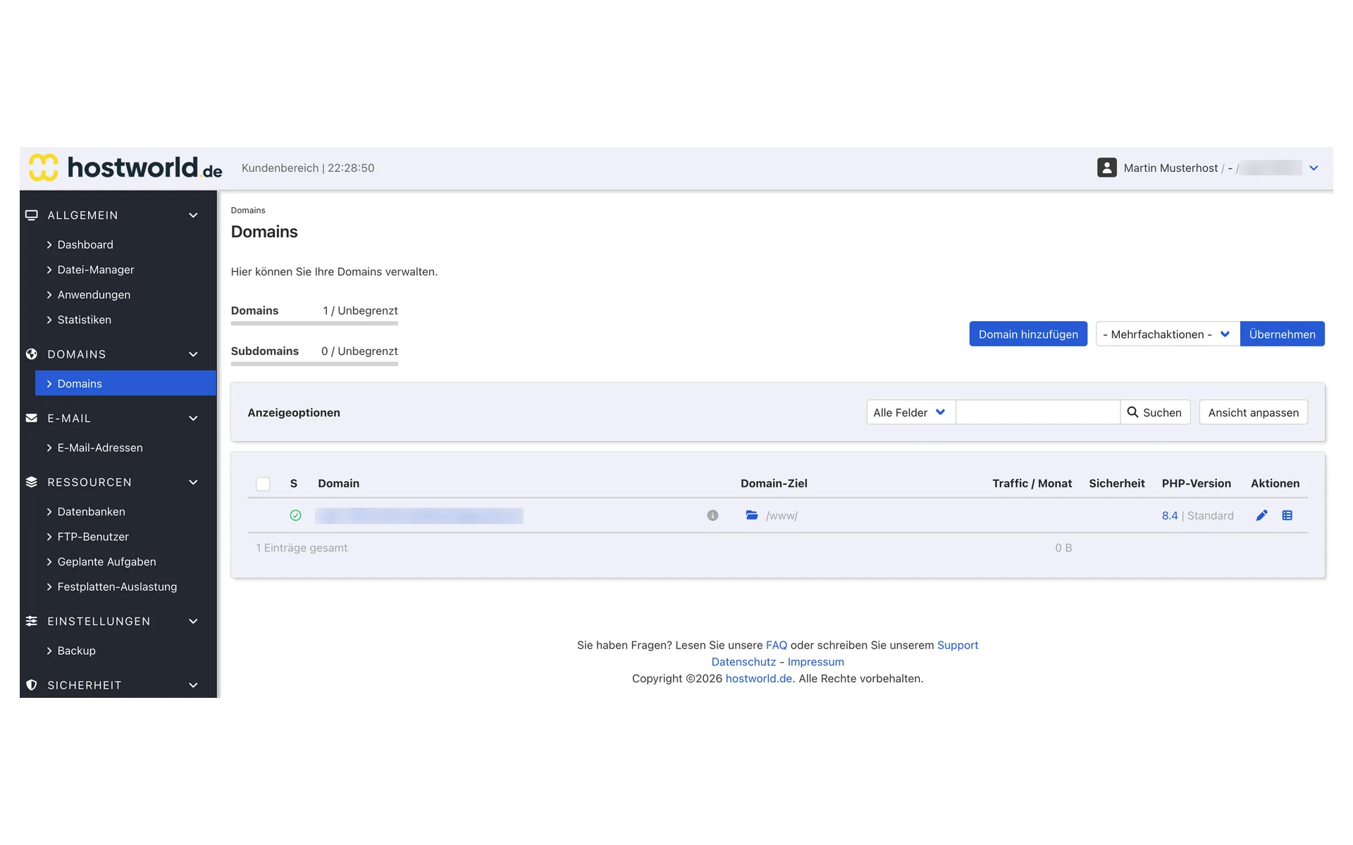 Domain-Übersicht im Webinterface mit Domainname, Domain-Ziel, Traffic, Sicherheitsstatus, PHP-Version und Aktionen