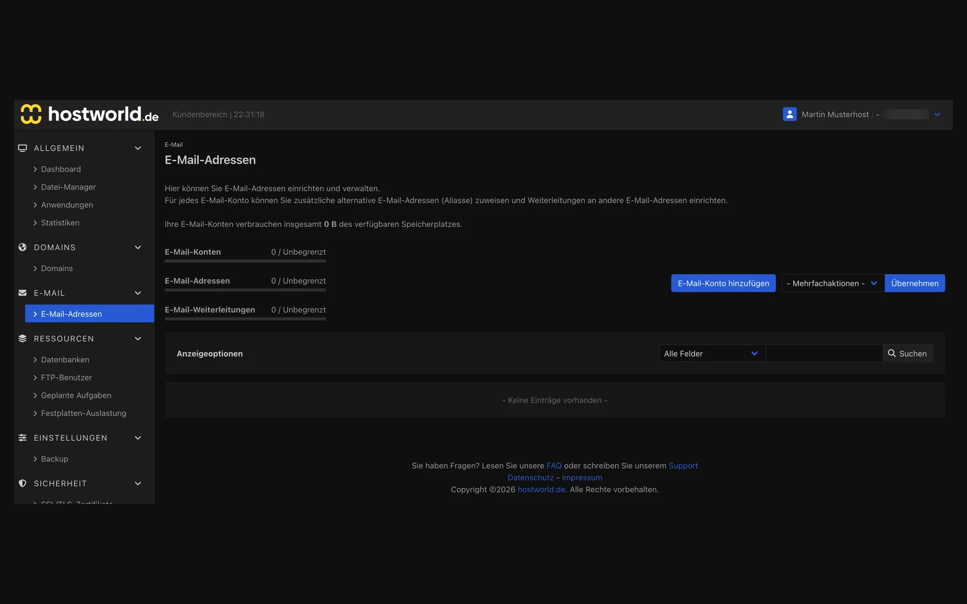 Seite E-Mail-Adressen im Webinterface mit den Zählern für E-Mail-Konten, E-Mail-Adressen und E-Mail-Weiterleitungen, jeweils unbegrenzt