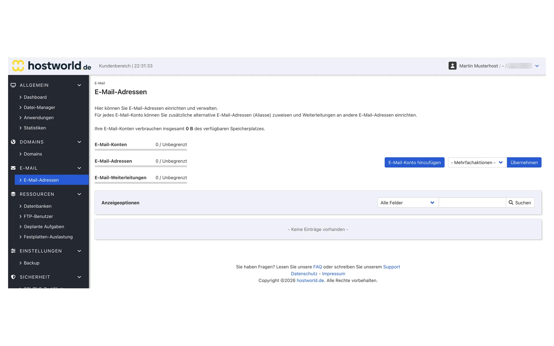 Seite E-Mail-Adressen im Webinterface mit den Zählern für E-Mail-Konten, E-Mail-Adressen und E-Mail-Weiterleitungen, jeweils unbegrenzt