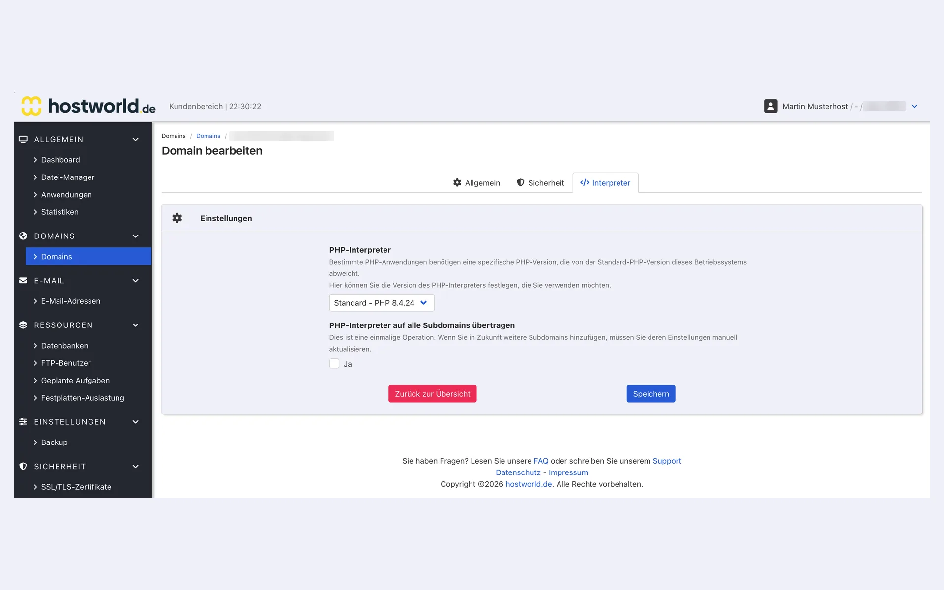 Reiter Interpreter der Domain-Einstellungen im Webinterface mit der Auswahl der PHP-Version und der Option, sie auf alle Subdomains zu übertragen