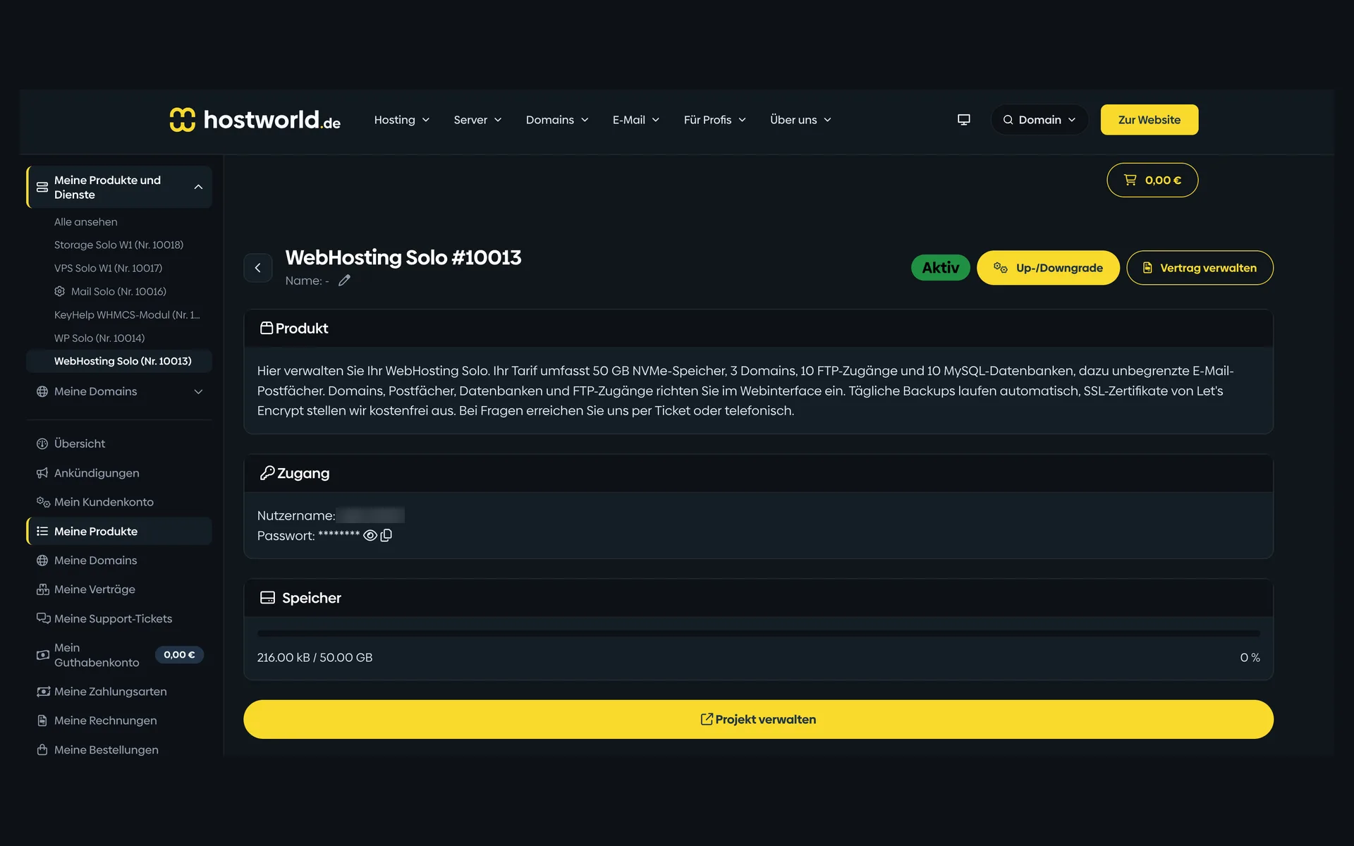 Produktseite eines WebHosting-Tarifs im Kundenmenü mit Tarifbeschreibung, Zugangsdaten, Speicheranzeige und der Schaltfläche Projekt verwalten