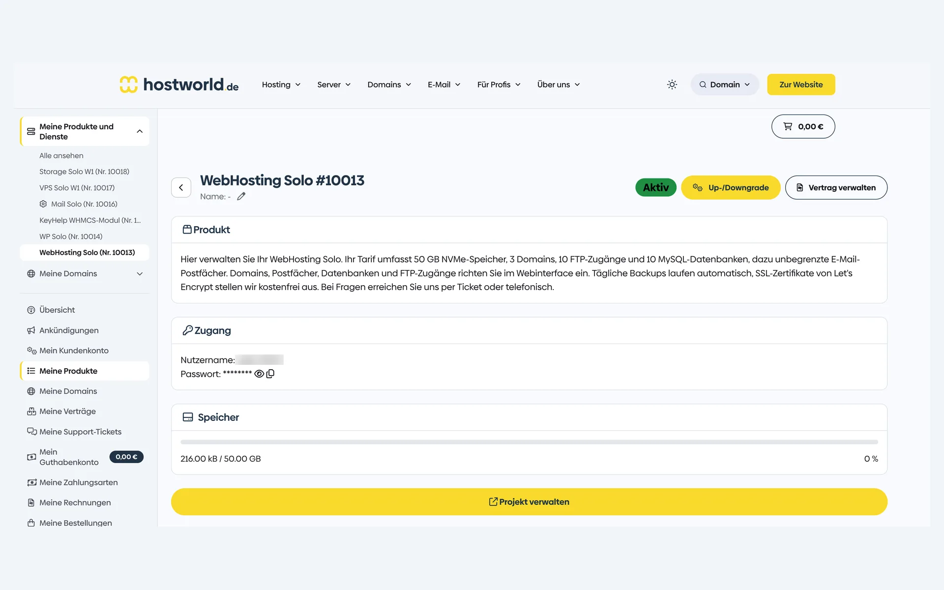 Produktseite eines WebHosting-Tarifs im Kundenmenü mit Tarifbeschreibung, Zugangsdaten, Speicheranzeige und der Schaltfläche Projekt verwalten