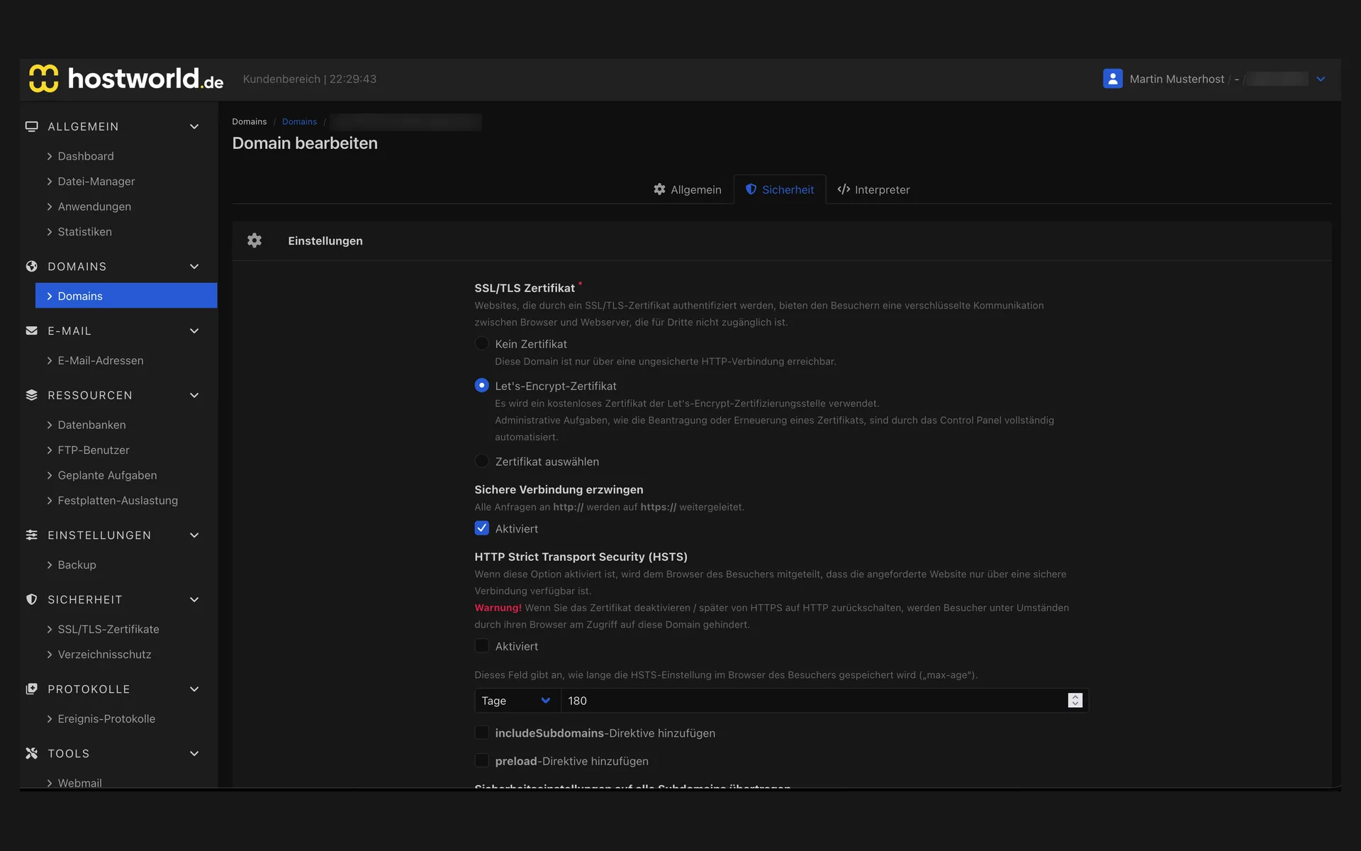 Reiter Sicherheit der Domain-Einstellungen mit dem Zertifikat von Let's Encrypt, erzwungener HTTPS-Verbindung und den HSTS-Einstellungen