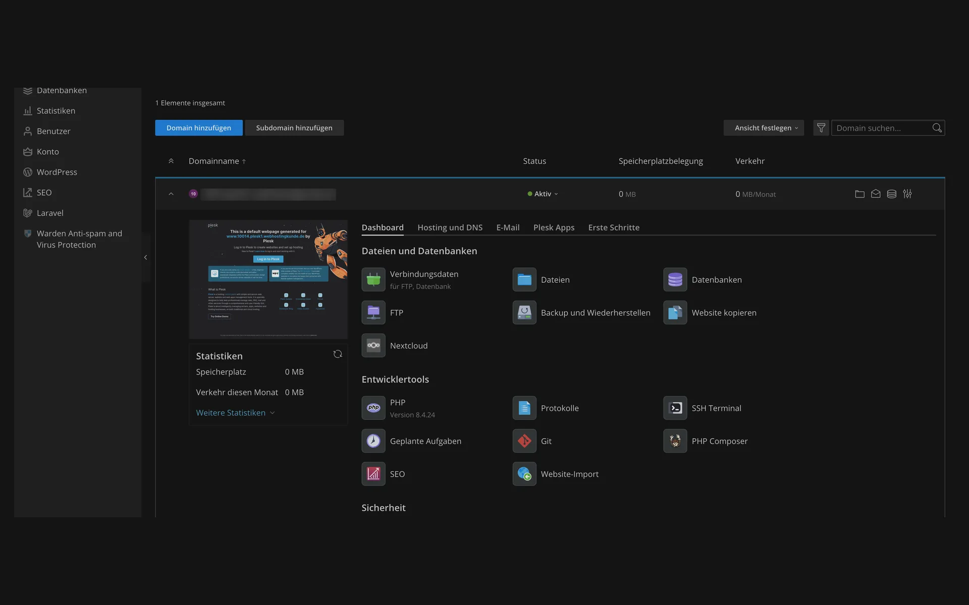 Dashboard einer Domain in Plesk mit den Bereichen Dateien und Datenbanken sowie Entwicklertools mit PHP-Version, Protokollen, SSH-Terminal, geplanten Aufgaben, Git und PHP Composer