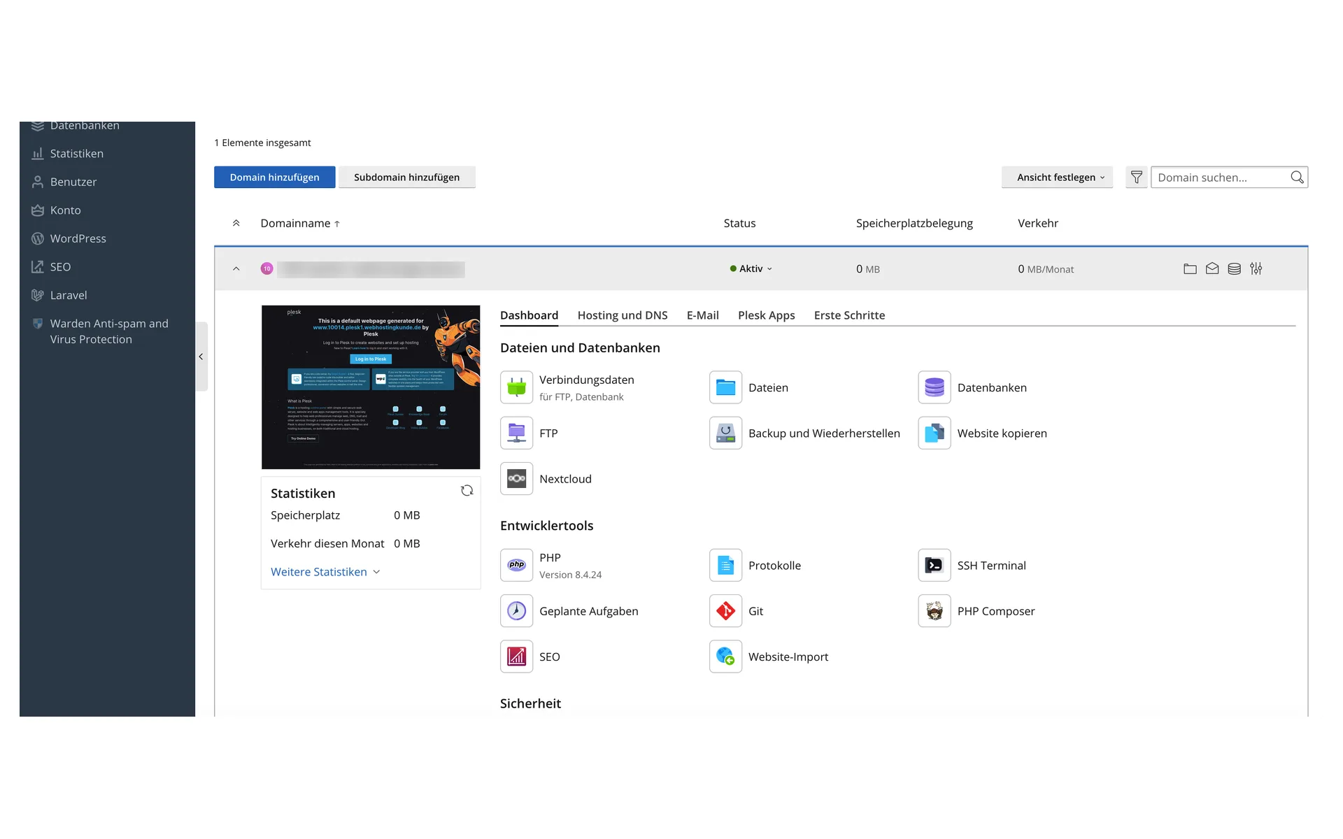Dashboard einer Domain in Plesk mit den Bereichen Dateien und Datenbanken sowie Entwicklertools mit PHP-Version, Protokollen, SSH-Terminal, geplanten Aufgaben, Git und PHP Composer