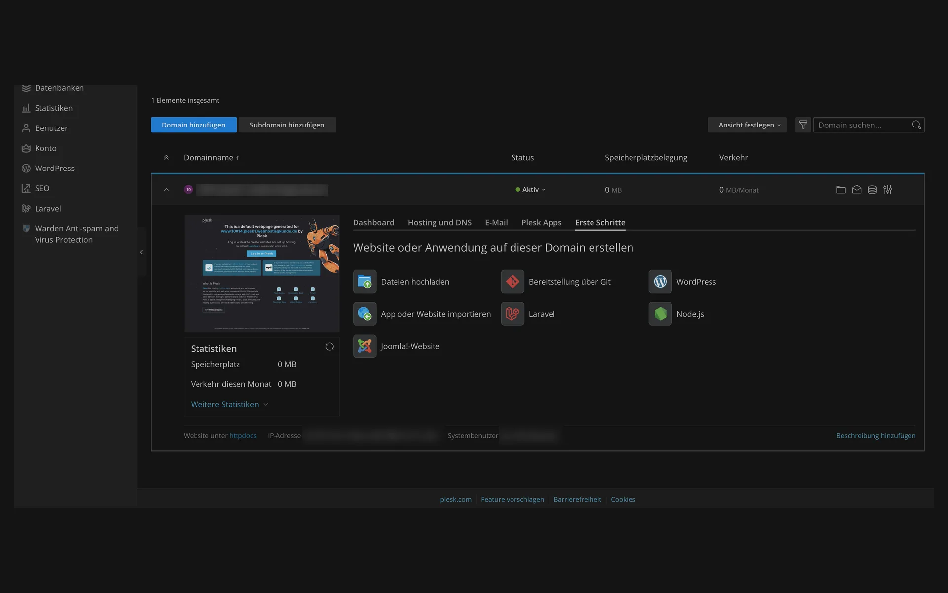 Reiter „Erste Schritte“ in Plesk mit den Startpunkten Dateien hochladen, Bereitstellung über Git, WordPress, App oder Website importieren, Laravel, Node.js und Joomla-Website