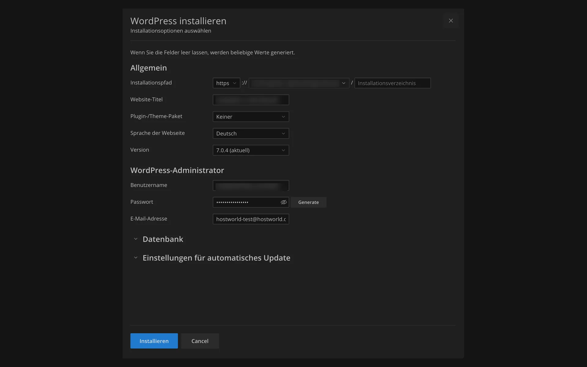 Dialog „WordPress installieren“ mit Installationspfad, Website-Titel, Plugin- und Theme-Paket, Sprache, Version und den Feldern für den WordPress-Administrator