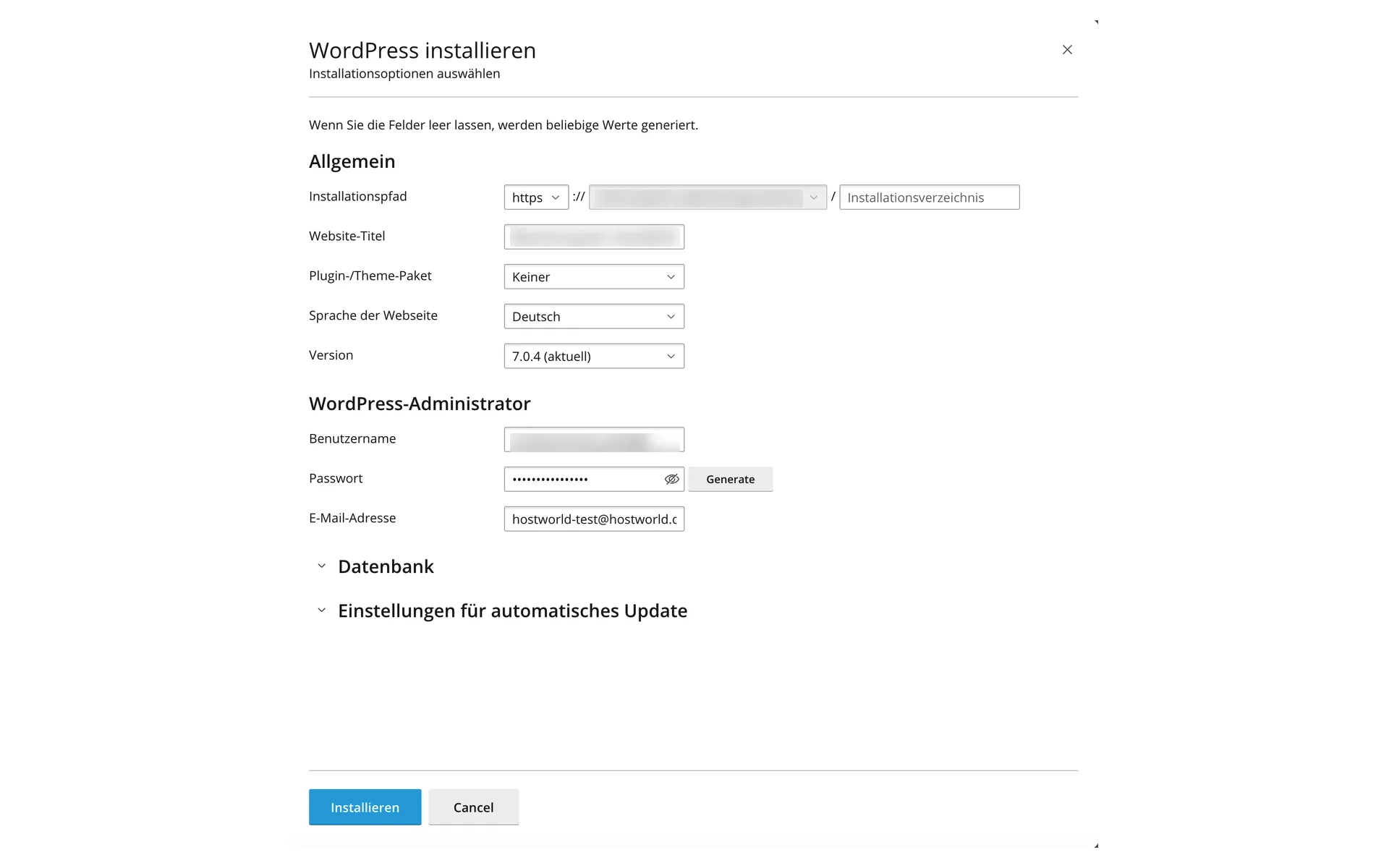 Dialog „WordPress installieren“ mit Installationspfad, Website-Titel, Plugin- und Theme-Paket, Sprache, Version und den Feldern für den WordPress-Administrator