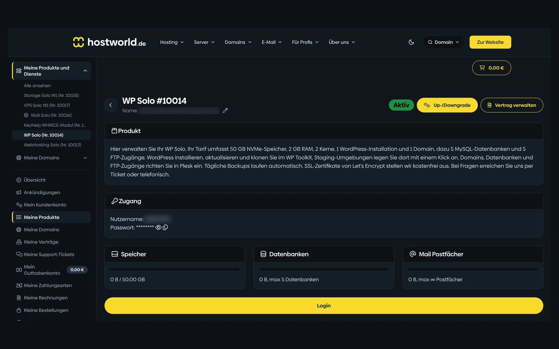 Produktseite eines WordPress-Tarifs im Kundenmenü mit Tarifbeschreibung, Zugangsdaten, Speicher-, Datenbank- und Postfachzählern und der Schaltfläche Login