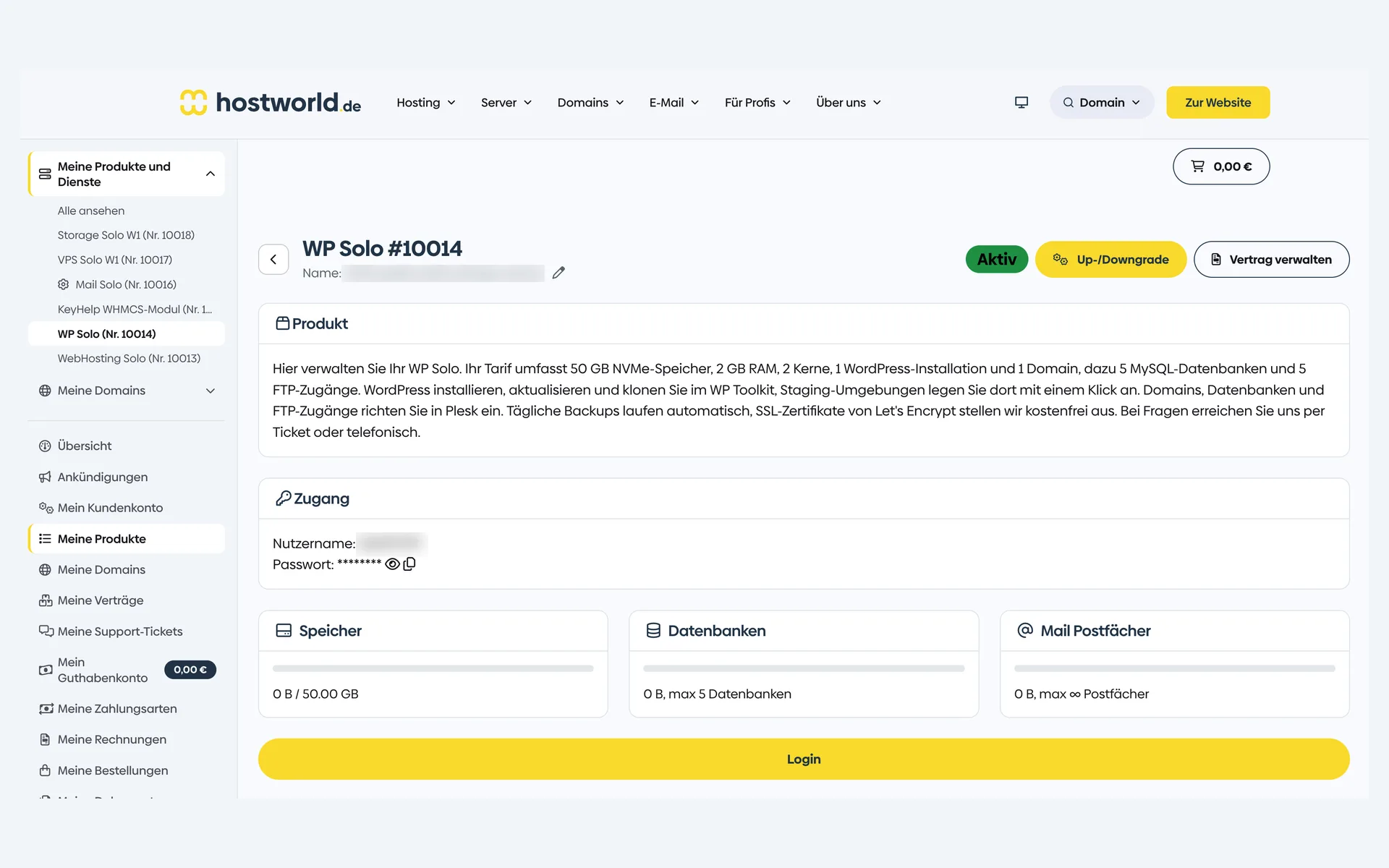 Produktseite eines WordPress-Tarifs im Kundenmenü mit Tarifbeschreibung, Zugangsdaten, Speicher-, Datenbank- und Postfachzählern und der Schaltfläche Login