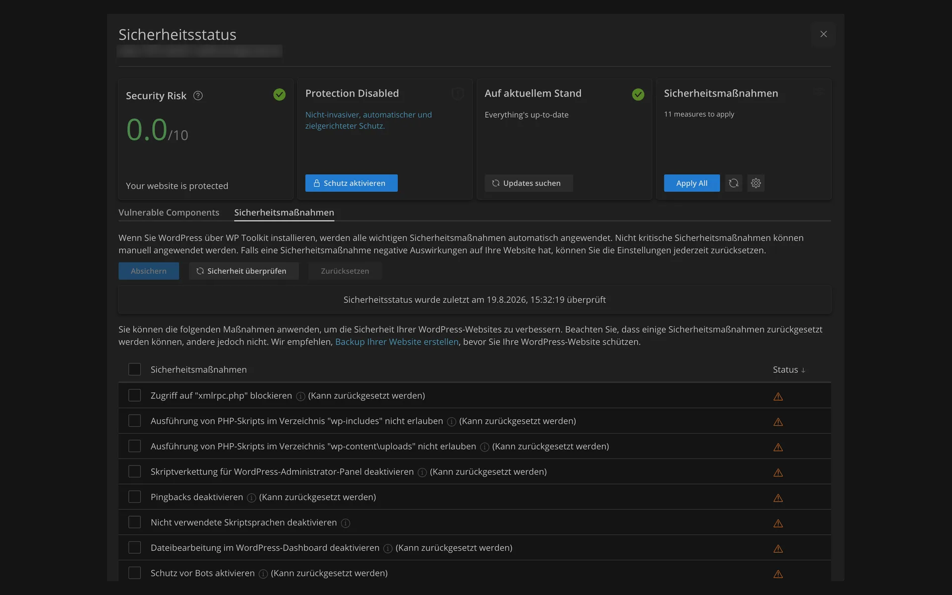Dialog „Sicherheitsstatus“ mit der Risikobewertung 0,0 von 10, dem Hinweis auf elf anwendbare Maßnahmen und der Liste der einzelnen Sicherheitsmaßnahmen