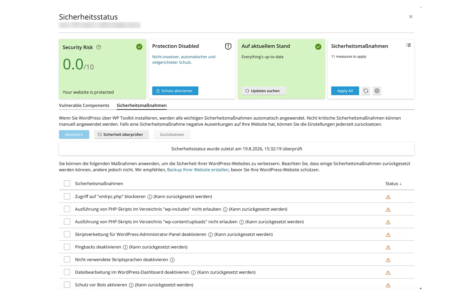 Dialog „Sicherheitsstatus“ mit der Risikobewertung 0,0 von 10, dem Hinweis auf elf anwendbare Maßnahmen und der Liste der einzelnen Sicherheitsmaßnahmen