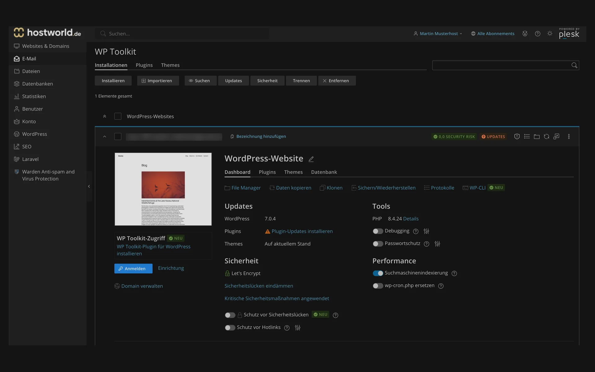 WP Toolkit mit einer installierten WordPress-Website, Updates, Sicherheitsstatus, den Werkzeugen Klonen, Sichern und Wiederherstellen und WP-CLI sowie den Schaltern für Suchmaschinenindexierung und Passwortschutz
