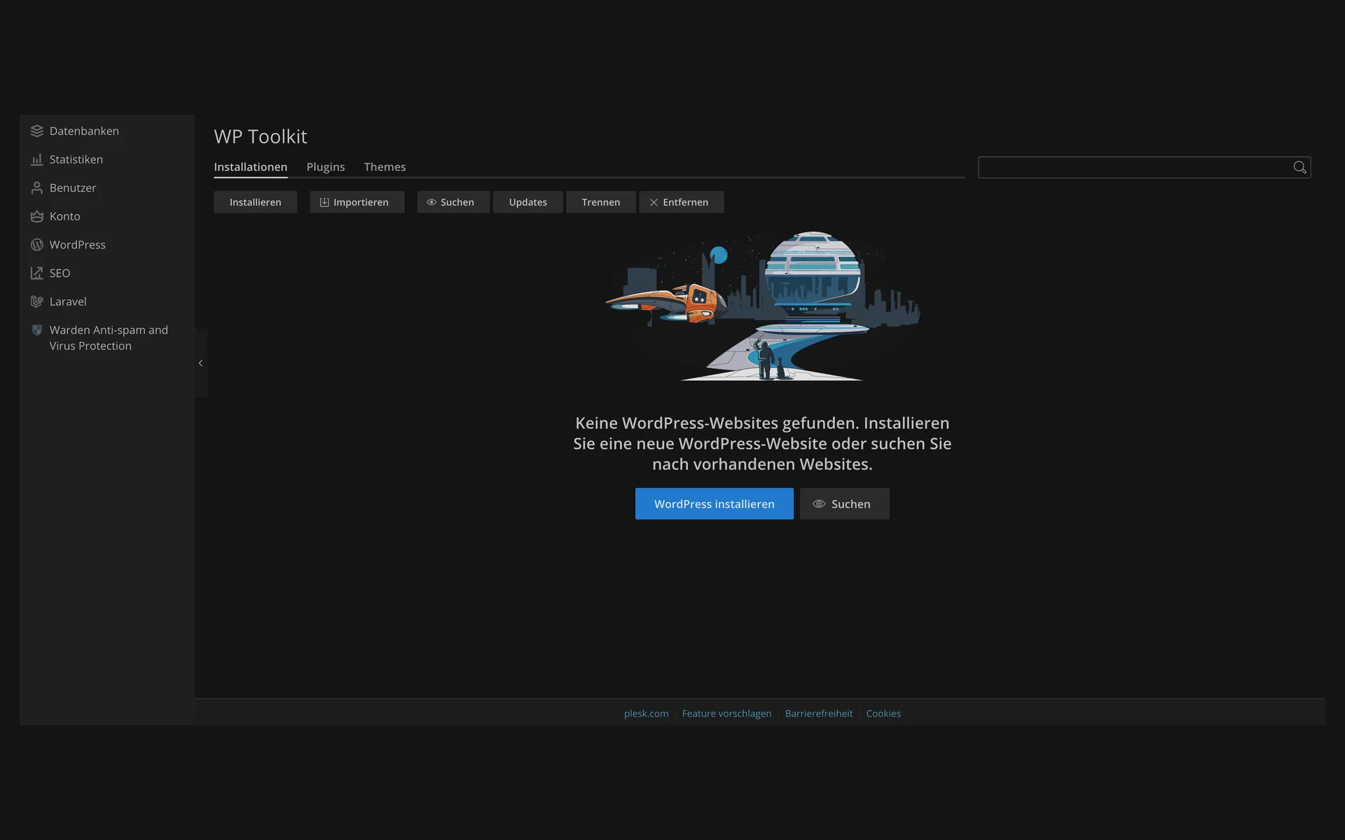 WP Toolkit ohne Installation mit dem Hinweis „Keine WordPress-Websites gefunden“ und den Schaltflächen WordPress installieren und Suchen
