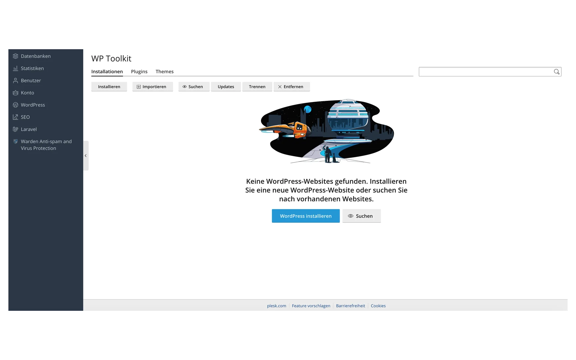 WP Toolkit ohne Installation mit dem Hinweis „Keine WordPress-Websites gefunden“ und den Schaltflächen WordPress installieren und Suchen