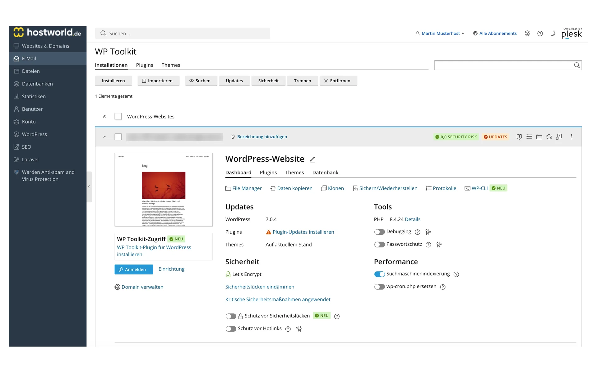 WP Toolkit mit einer installierten WordPress-Website, Updates, Sicherheitsstatus, den Werkzeugen Klonen, Sichern und Wiederherstellen und WP-CLI sowie den Schaltern für Suchmaschinenindexierung und Passwortschutz