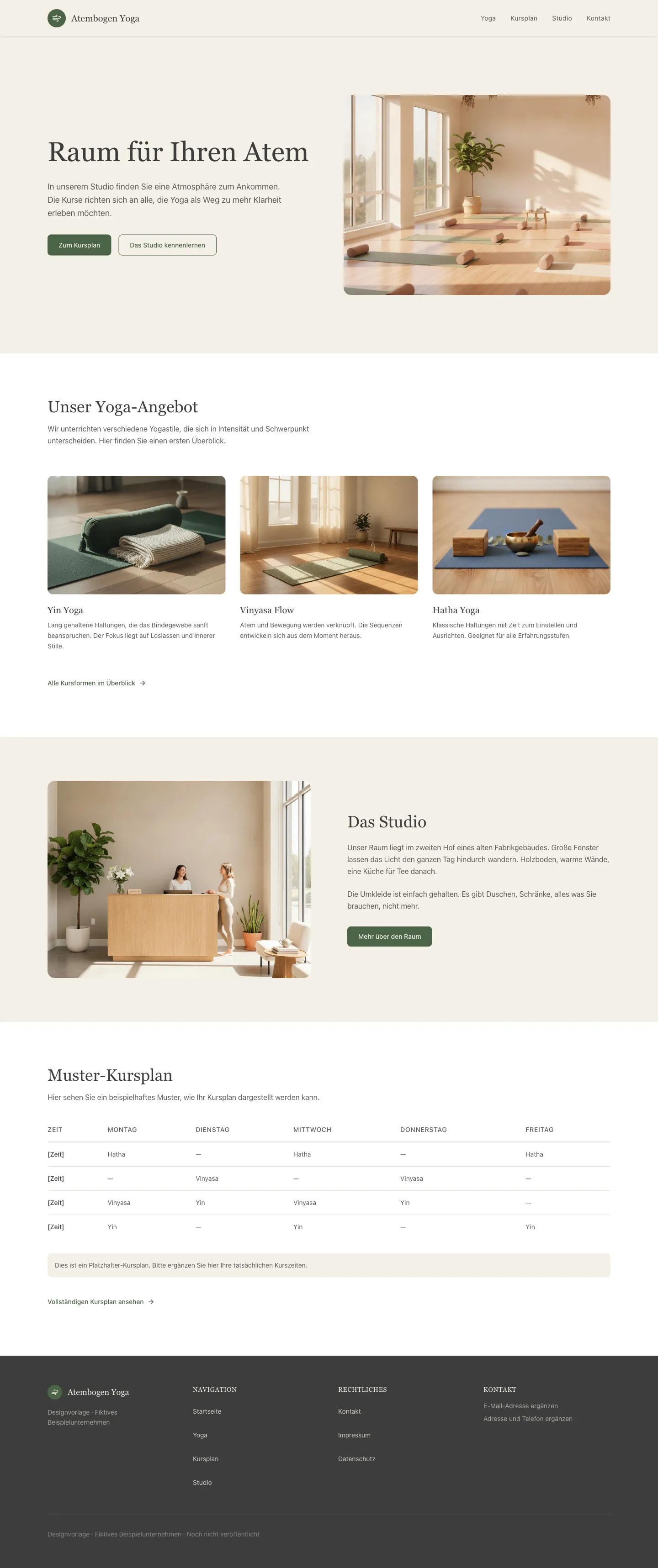Startseite der Vorlage Atembogen Yoga für Yogastudios