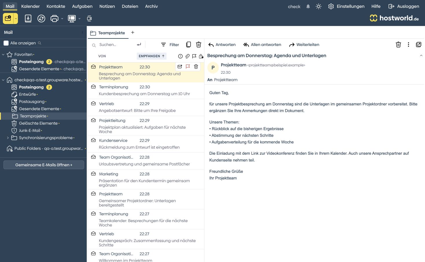 hostworld.de Groupware mit Projektmails und einer geöffneten Besprechungsagenda
